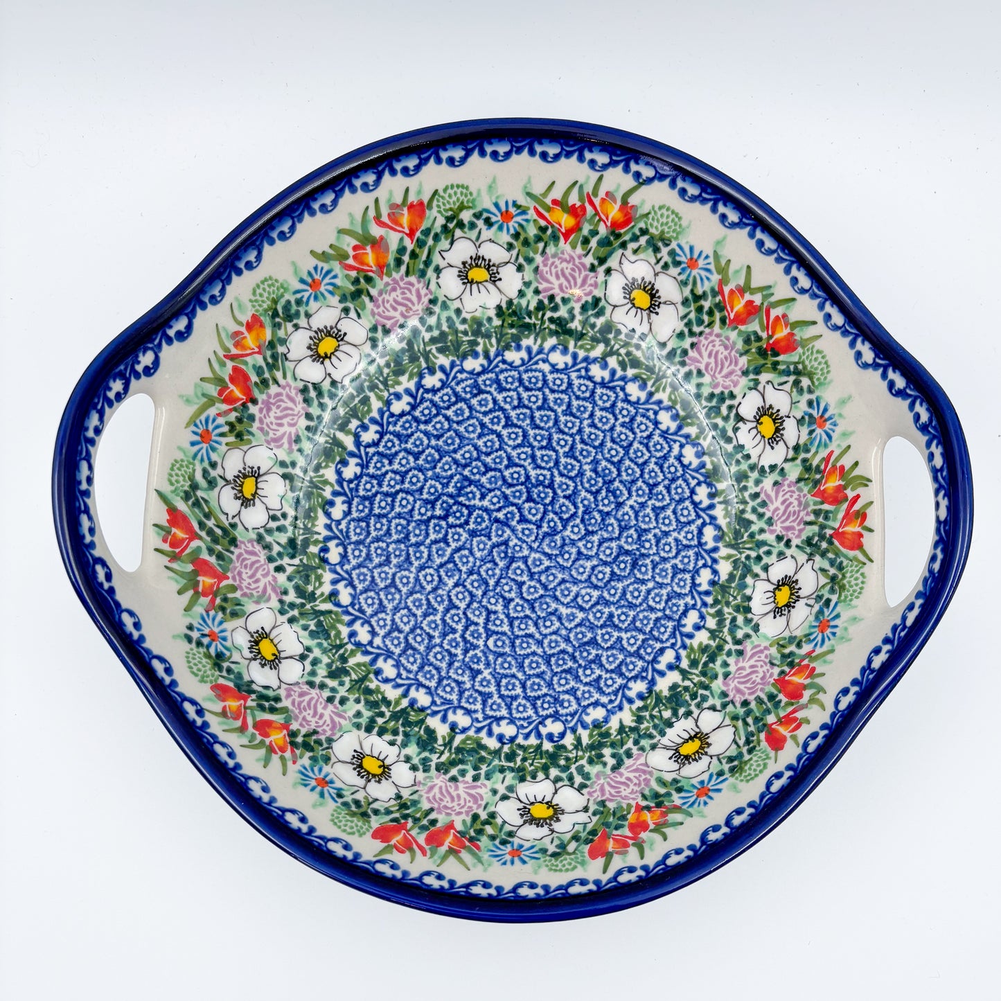 10" Bowl with Handles.  Hand crafted Polish pottery stoneware:  UNIKAT Cottage Garden