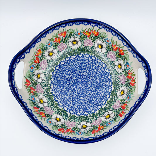 10" Bowl with Handles.  Hand crafted Polish pottery stoneware:  UNIKAT Cottage Garden