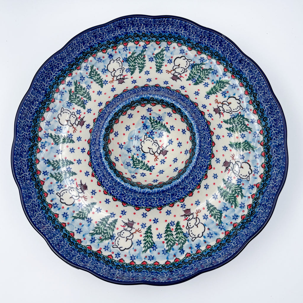 Dancing Snowman chip and dip platter, top-down view with center bowl, snowmen and pine trees