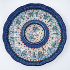 Dancing Snowman chip and dip platter, top-down view with center bowl, snowmen and pine trees