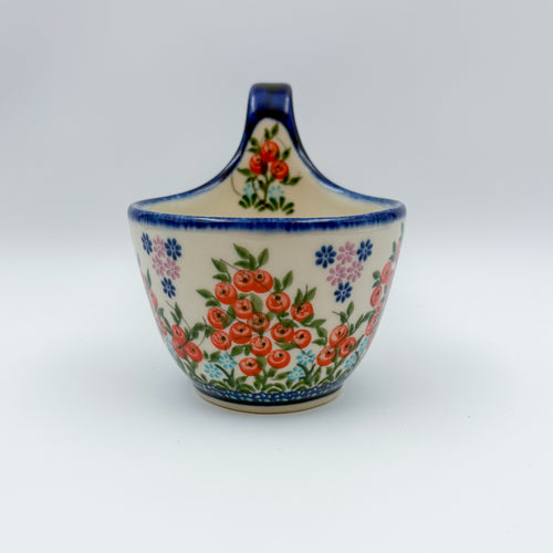 Red Berry loop-handle bowl mug on white background, front view