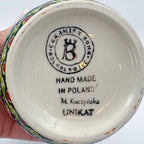 UNIKAT Chickens in the Florals sugar bowl, bottom stamp with Ceramika Bona Boleslawiec Unikat mark held in hand