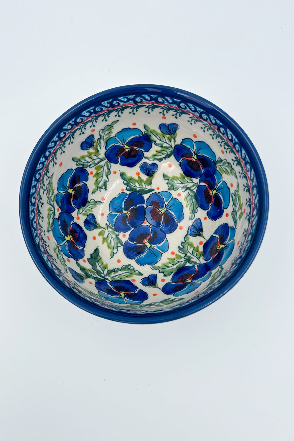 6.25” Deep Bowl.  Hand crafted Polish pottery stoneware:  Pansies In Bloom