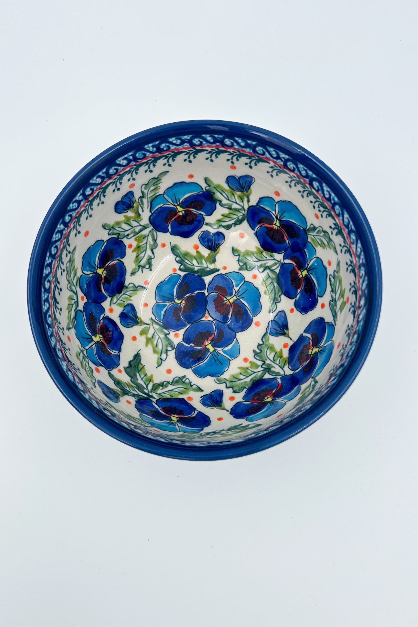 6.25” Deep Bowl.  Hand crafted Polish pottery stoneware:  Pansies In Bloom