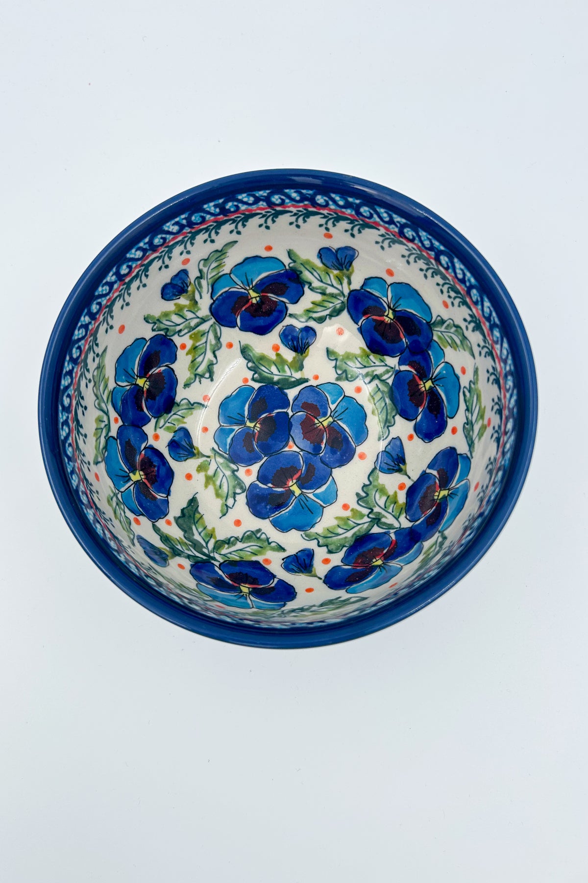 6.25” Deep Bowl.  Hand crafted Polish pottery stoneware:  Pansies In Bloom