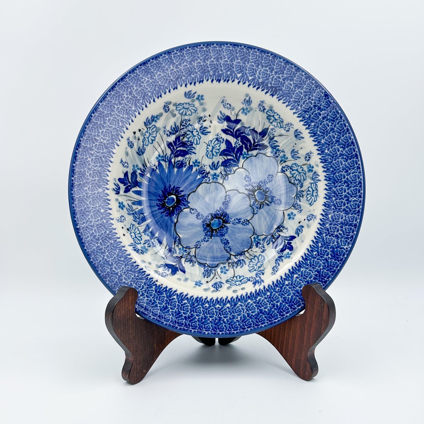 9” Pasta  Bowl.  Hand crafted Polish pottery stoneware: UNIKAT Blue Wildflower Patch
