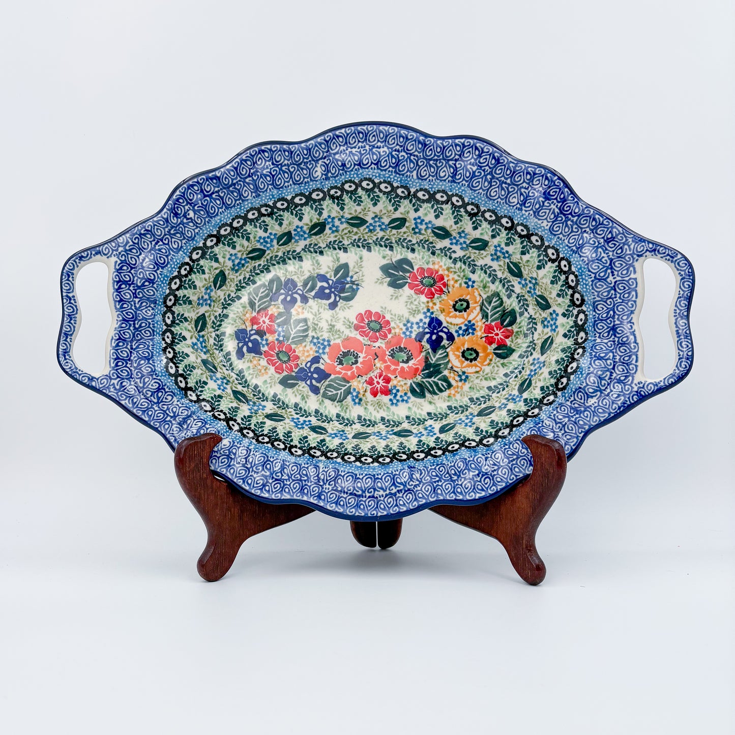 13" Platter with Handles handmade in Poland. Iris Meadow Design
