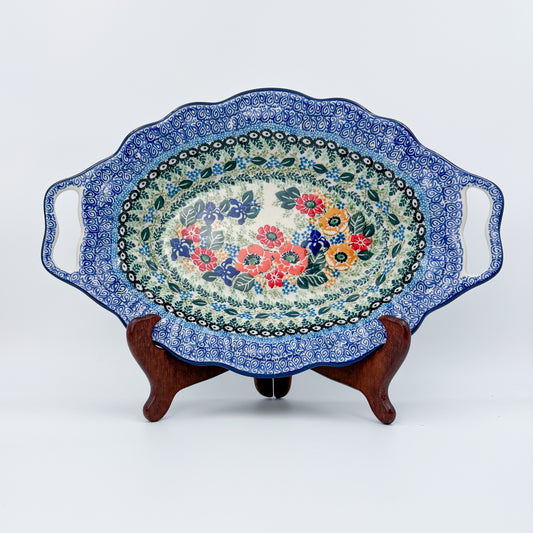 13" Platter with Handles handmade in Poland. Iris Meadow Design