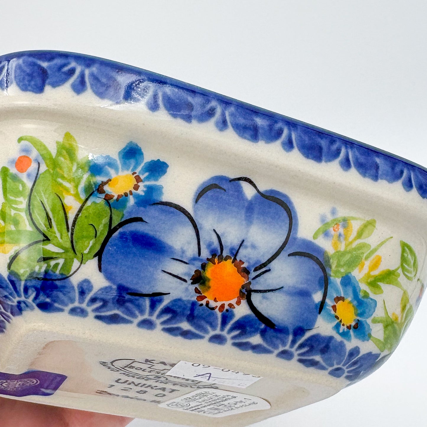 5” Square Bowl.  Hand crafted Polish pottery stoneware:   Unikat Blue Daisy