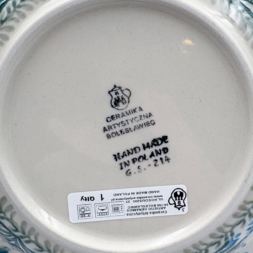 9”  Pasta Bowl.  Hand crafted Polish pottery stoneware: UNIKAT Feathery Bluebells Design