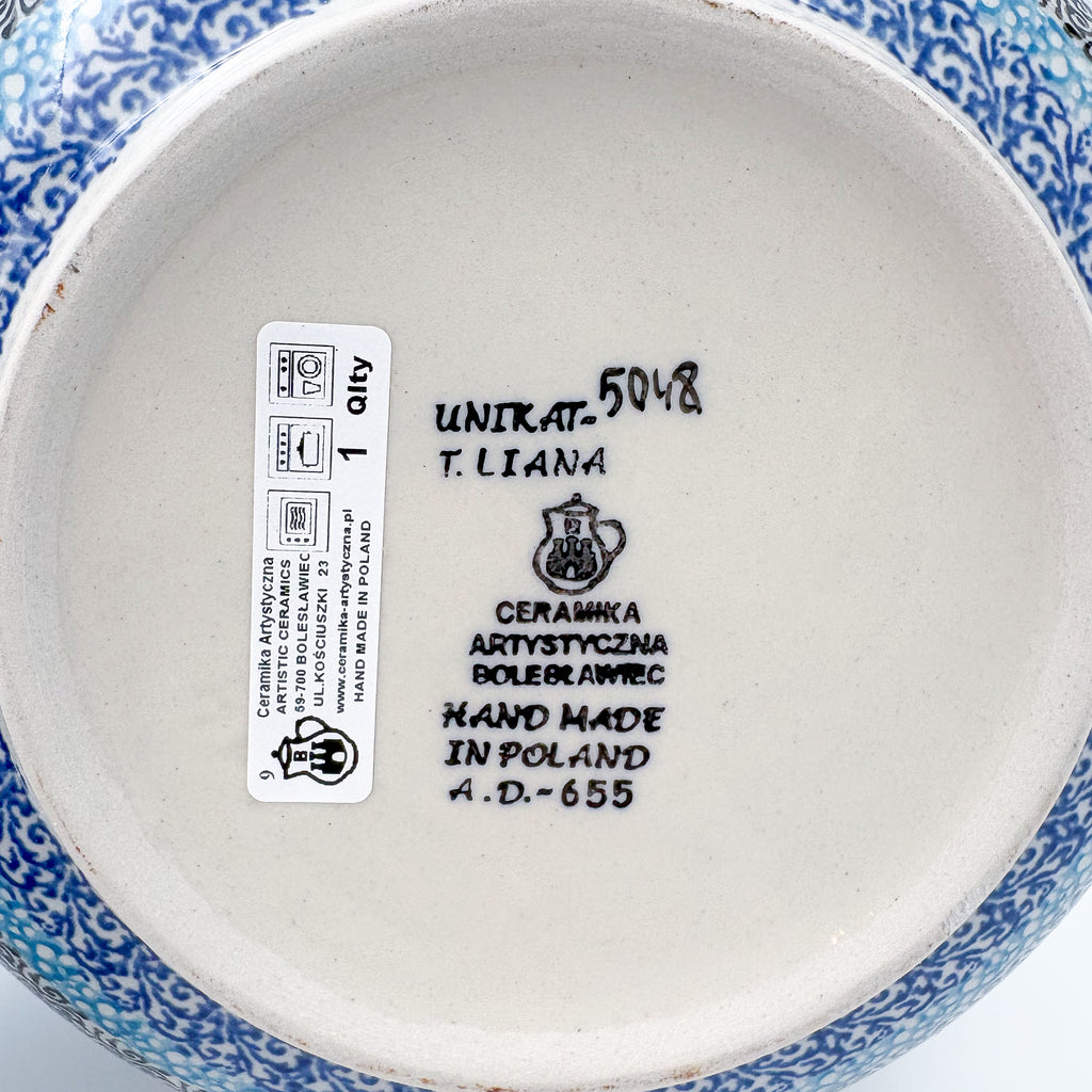 9” Serving Bowl.  Hand crafted Polish pottery stoneware: UNIKAT Blue Hydrangea Design