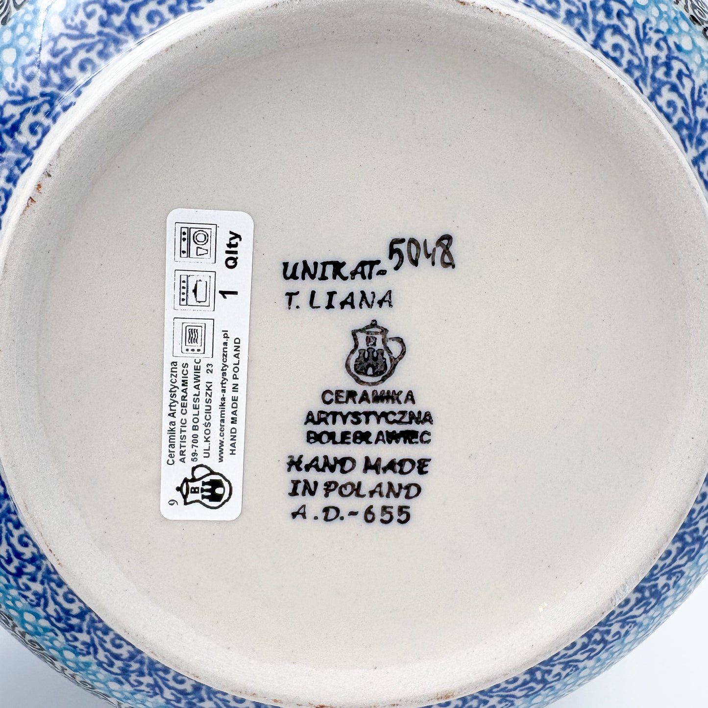 9” Serving Bowl.  Hand crafted Polish pottery stoneware: UNIKAT Blue Hydrangea Design