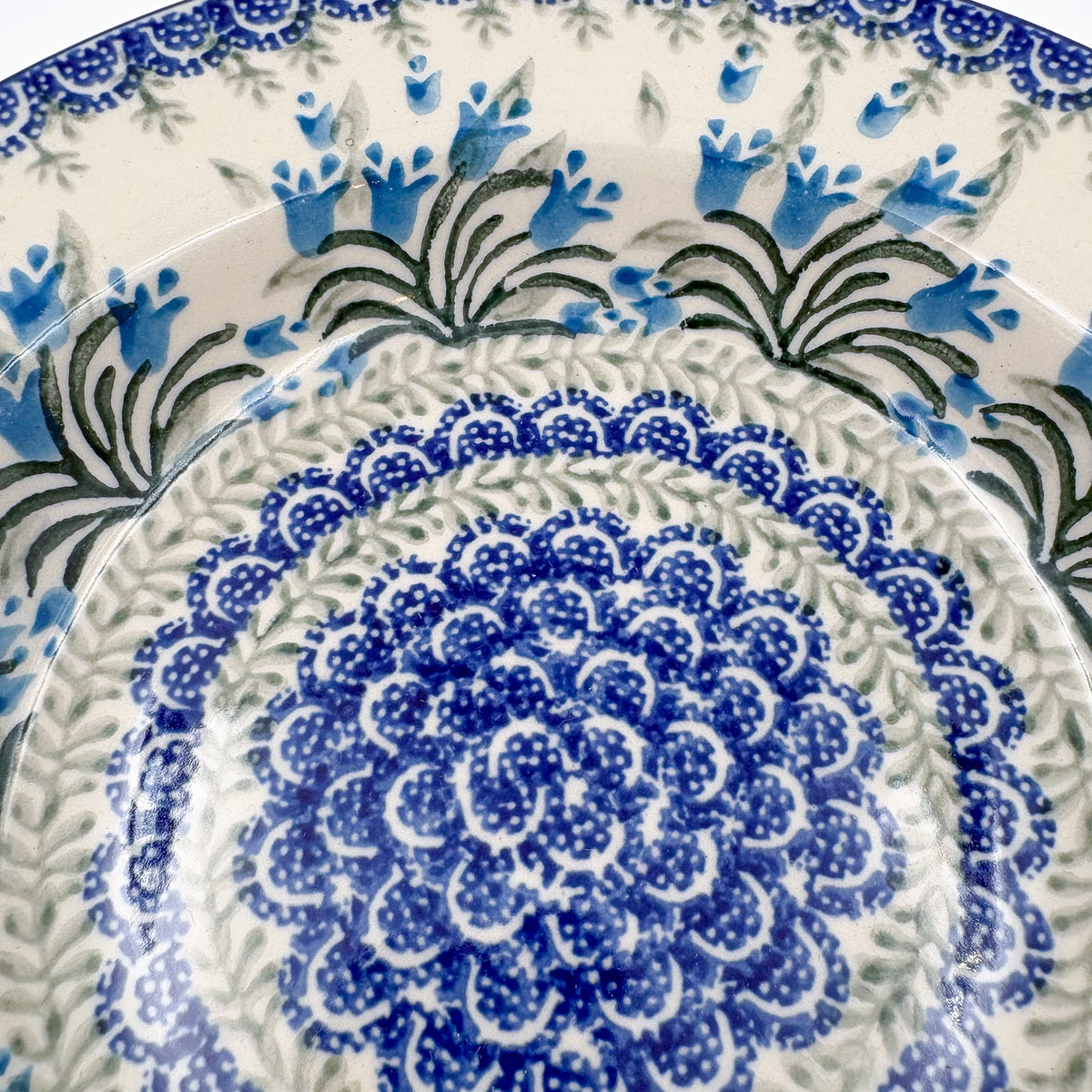 9”  Pasta Bowl.  Hand crafted Polish pottery stoneware: UNIKAT Feathery Bluebells Design