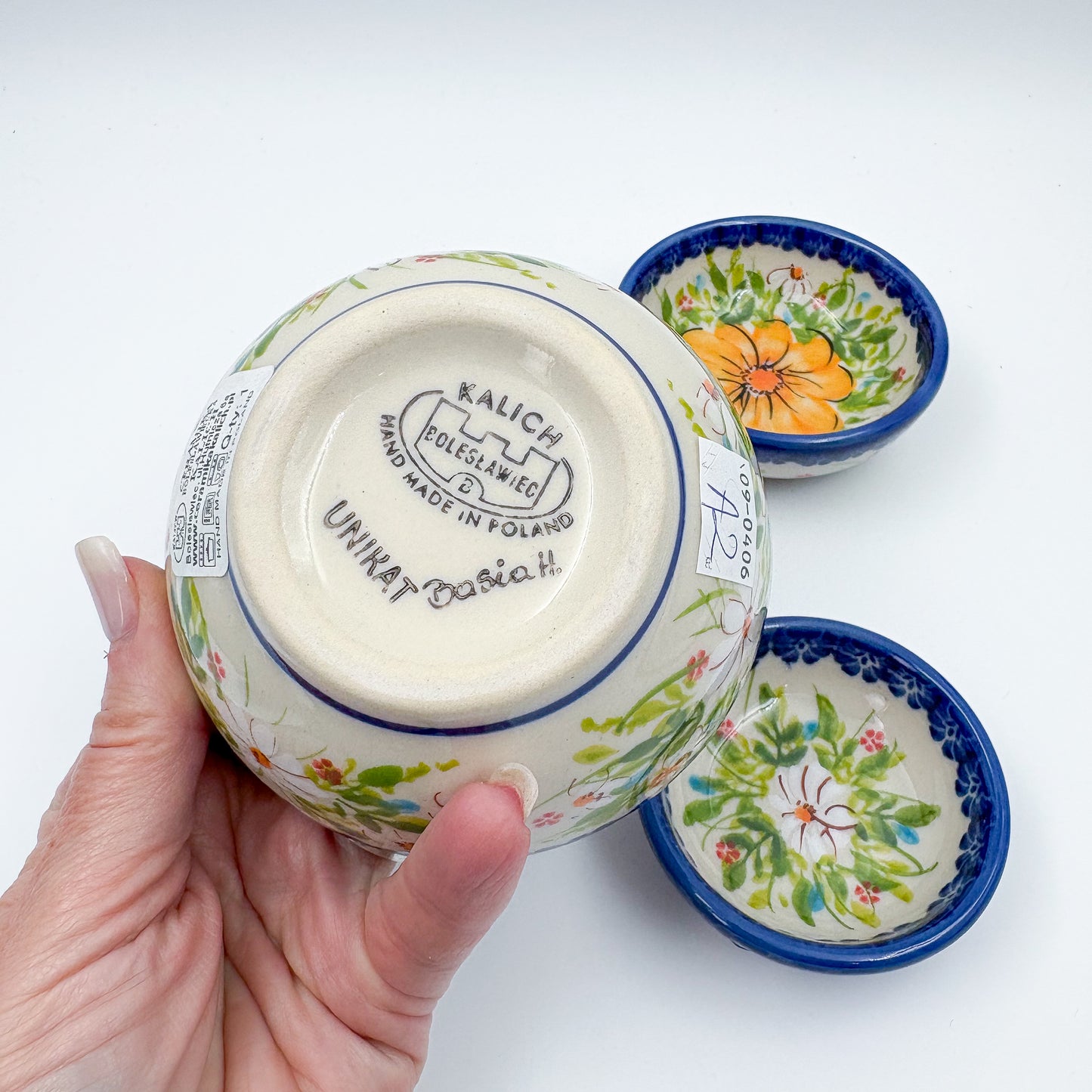 Small Set 3 stacking Bowls.  Hand crafted Polish pottery stoneware:  UNIKAT Orange Poppy