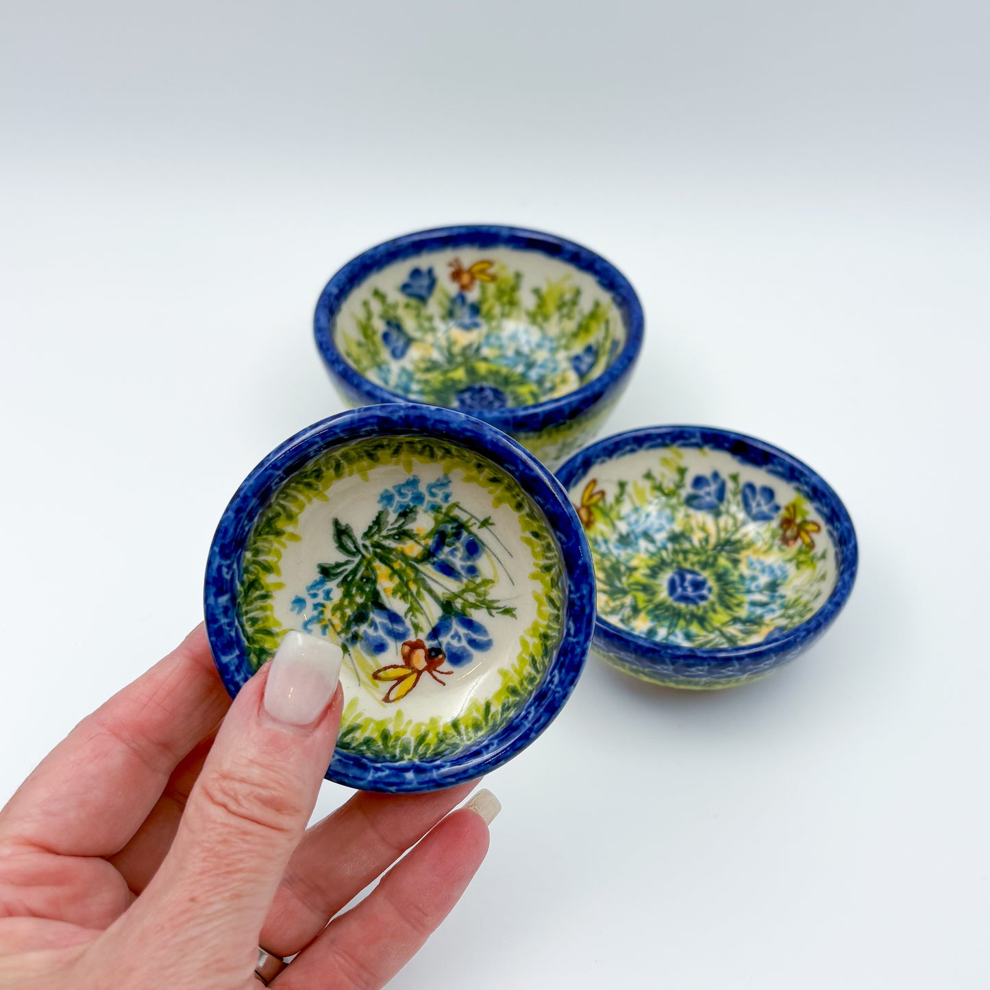 Small Set 3 stacking Bowls.  Hand crafted Polish pottery stoneware:  UNIKAT Bluebell Meadow