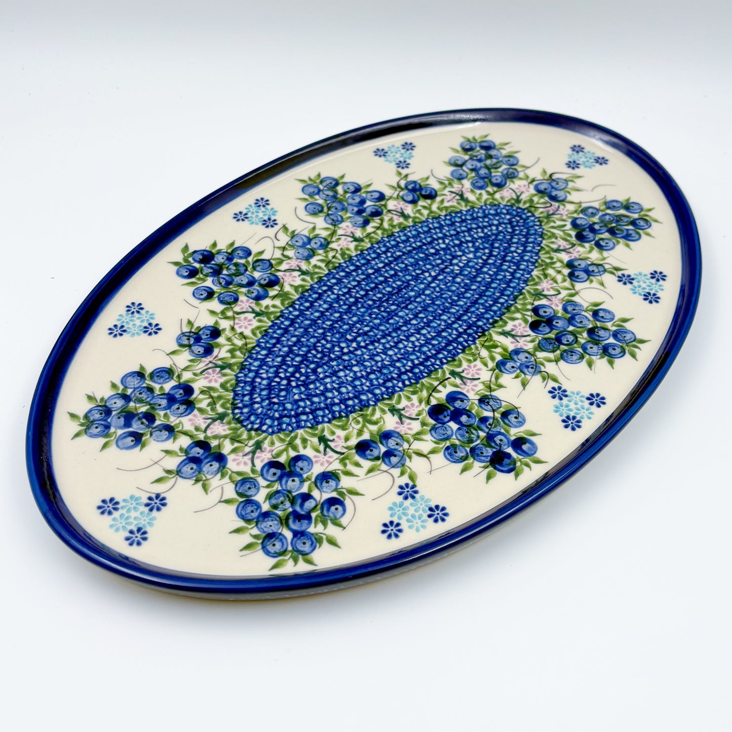 13.5" Oval Tray.  Hand crafted Polish pottery stoneware: UNIKAT Blueberry Design.