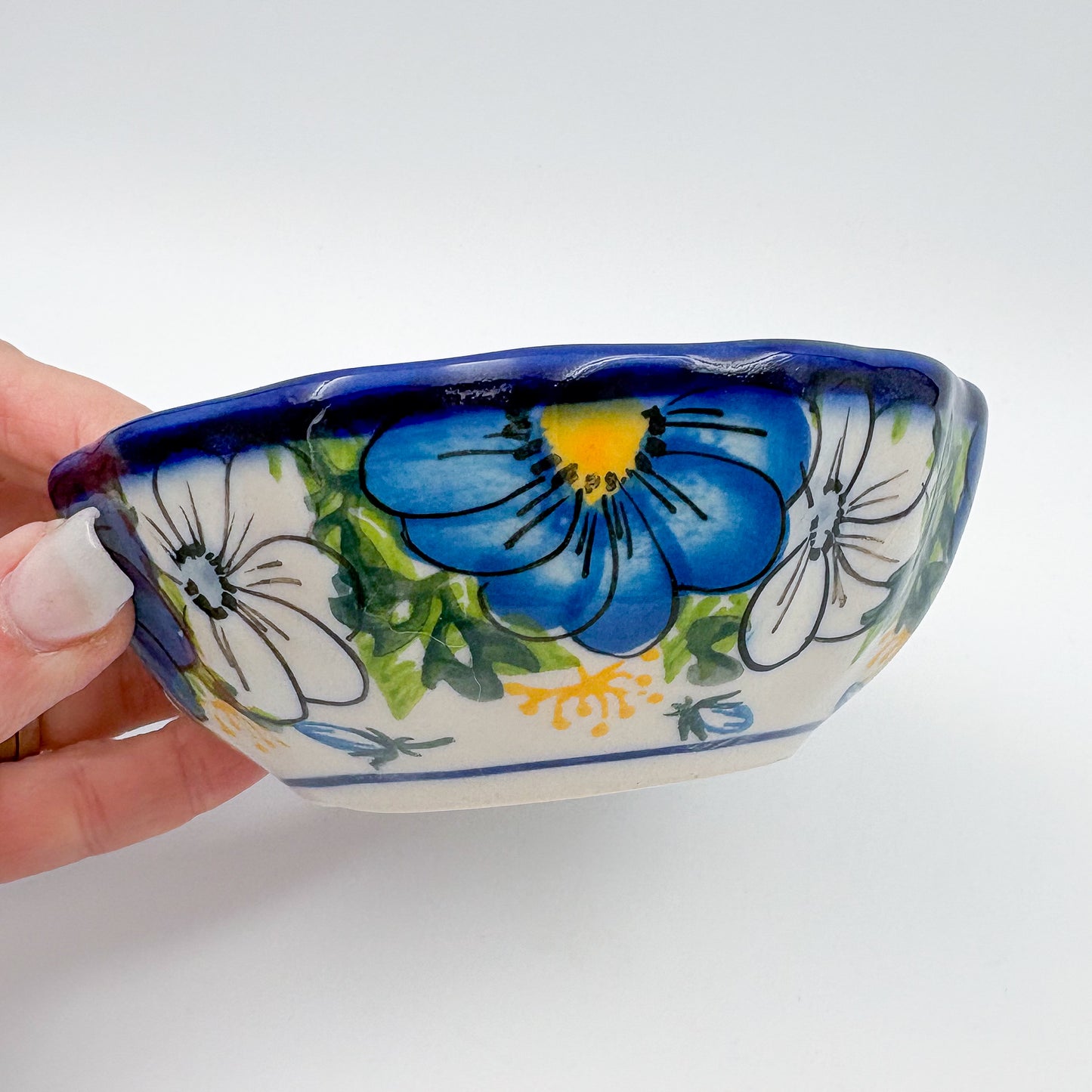 5” Scalloped Bowl.  Hand crafted Polish pottery stoneware:  UNIKAT Blue Petal Dance