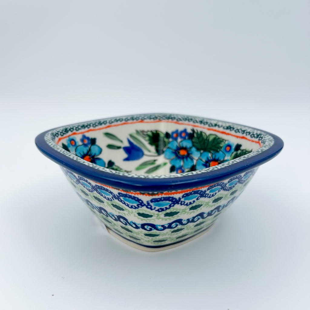 Evangeline square bowl, angled front view showing blue floral pattern