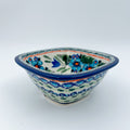 Evangeline square bowl, angled front view showing blue floral pattern