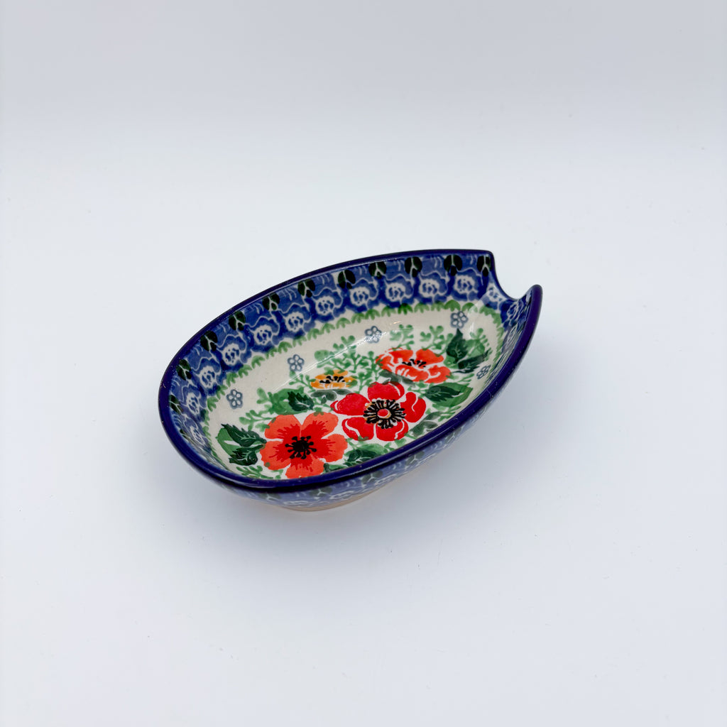 Spoon Rest 5”.  Handmade Polish pottery.  UNIKAT Candy Red Poppy Design