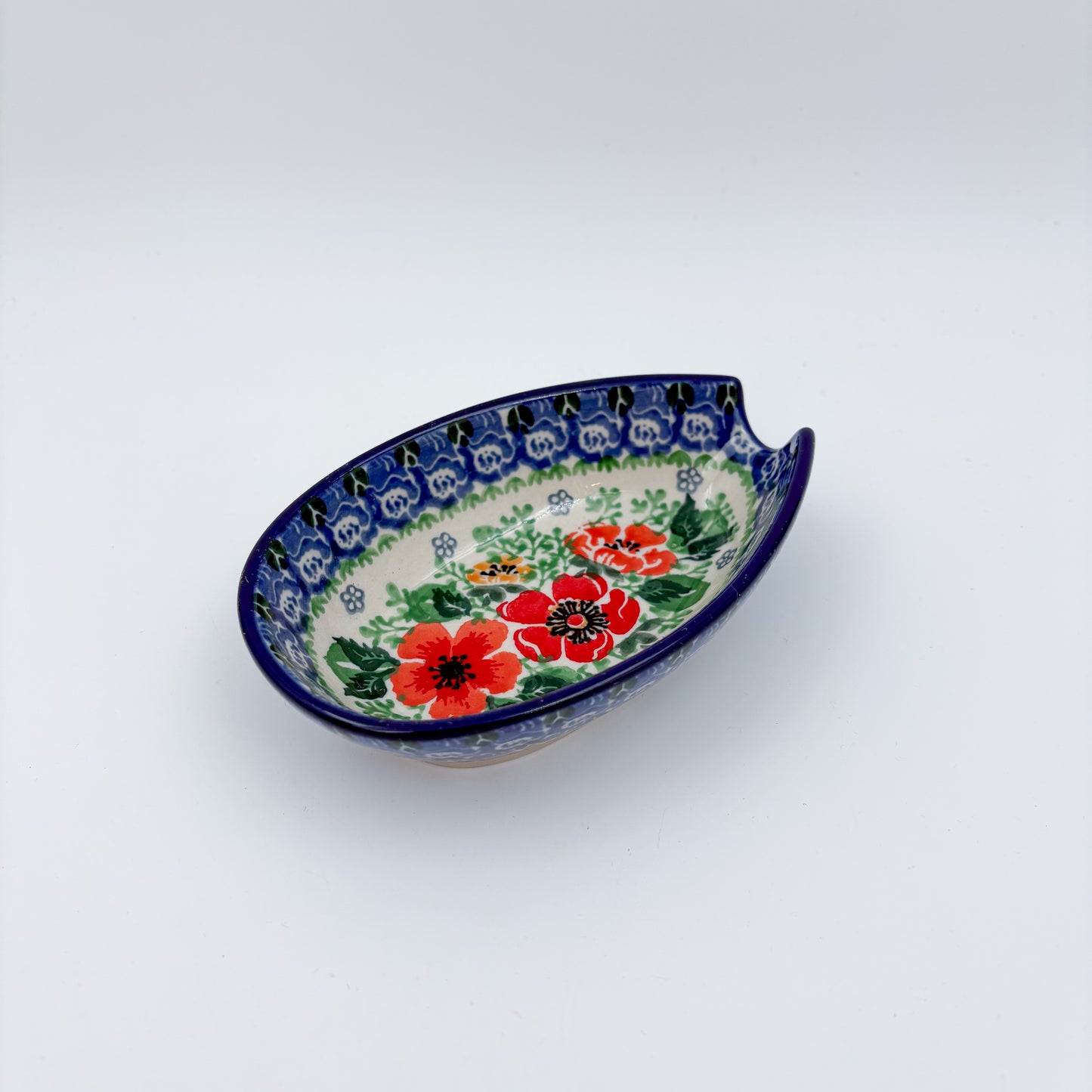 Spoon Rest 5””.  Handmade Polish pottery.  UNIKAT Candy Red Poppy Design