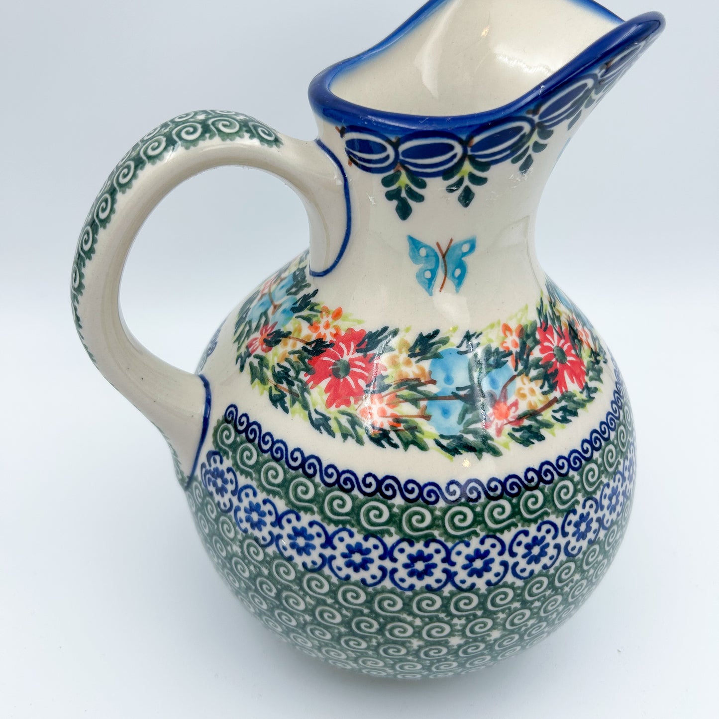 5 cup. Pitcher.  Hand painted Polish pottery stoneware.  UNIKAT Ring of Flowers