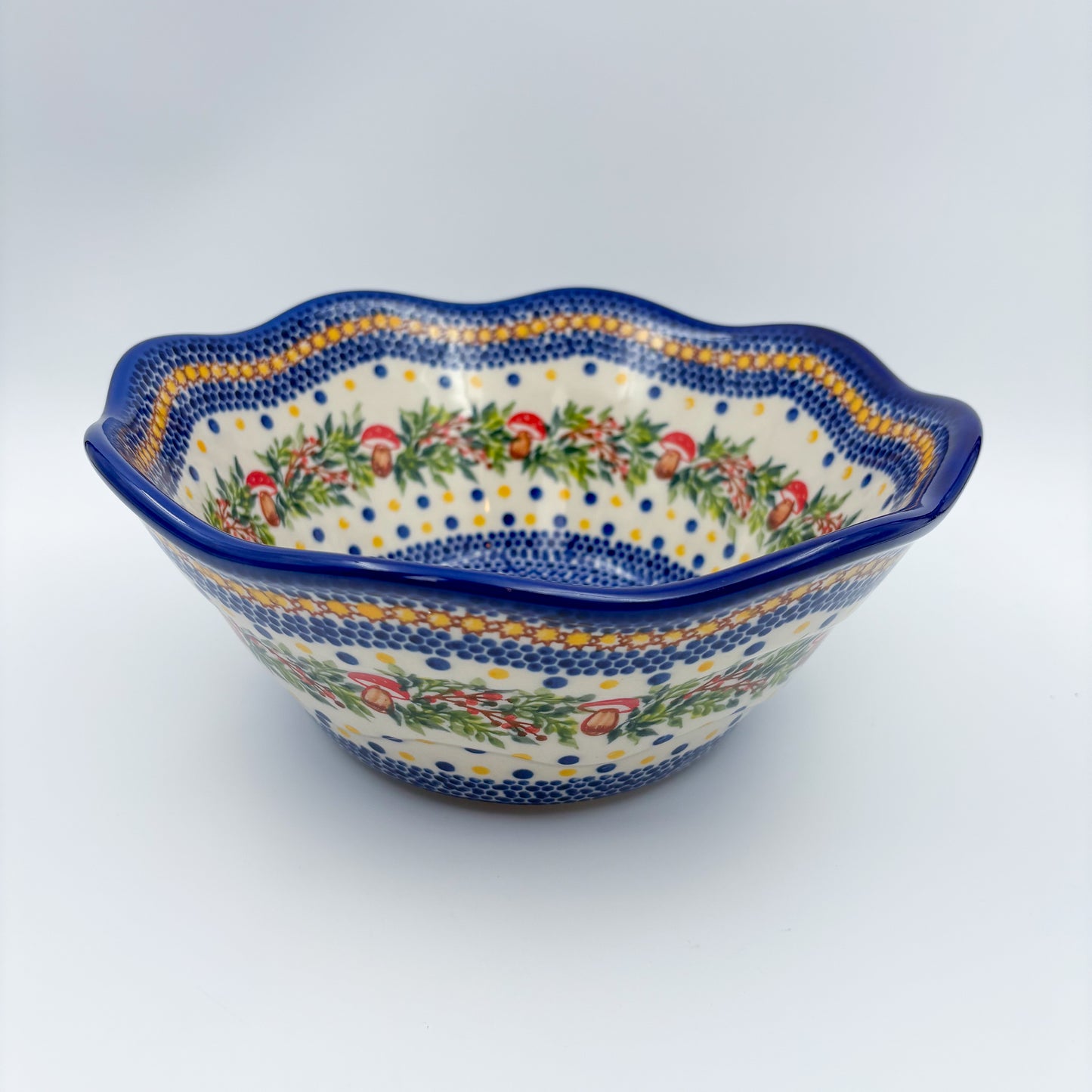 9” Wavy Bowl.  Hand crafted Polish pottery stoneware:  Mushroom Design