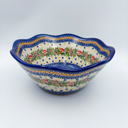 9” Wavy Bowl.  Hand crafted Polish pottery stoneware:  Mushroom Design