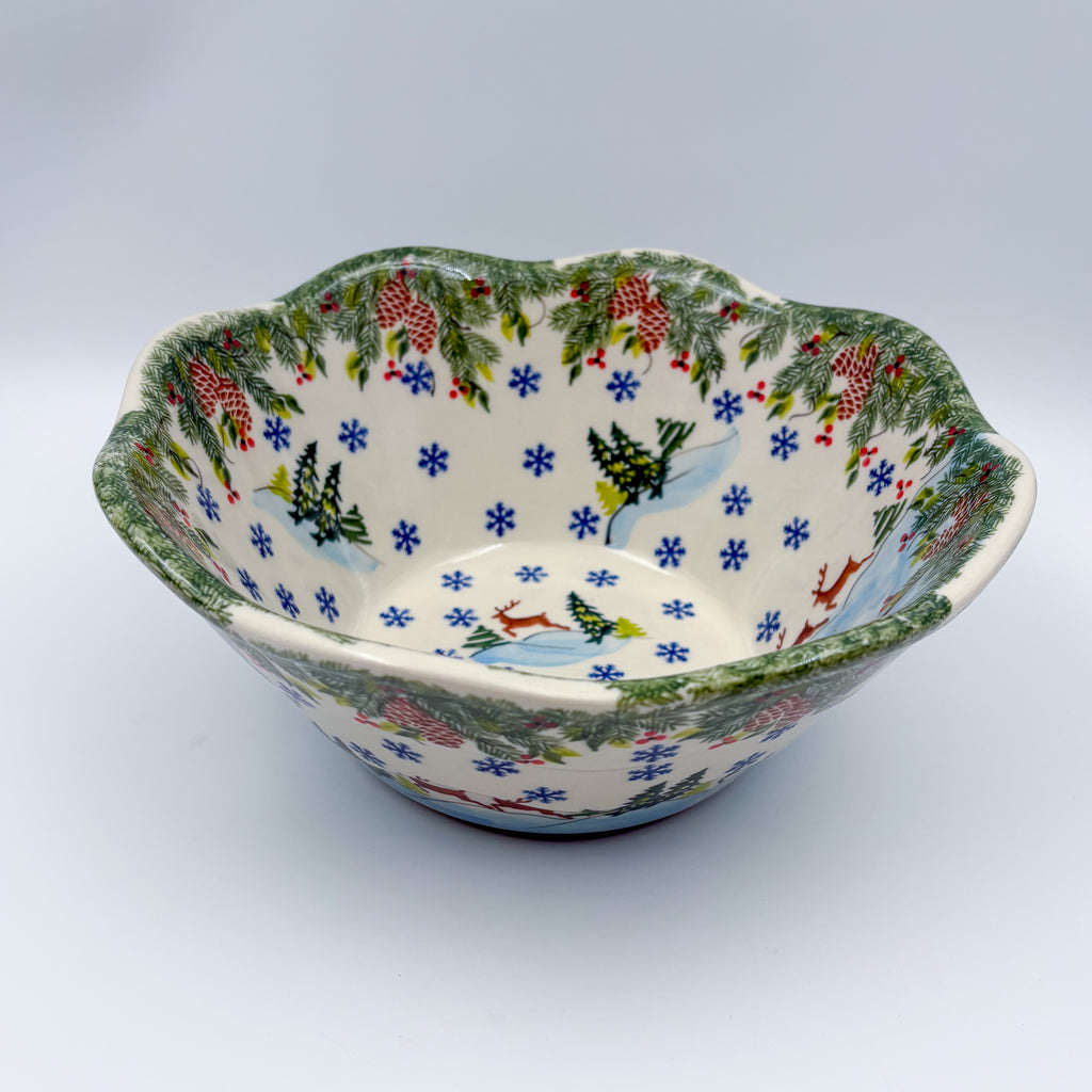 9” Wavy Bowl.  Hand crafted Polish pottery stoneware:  UNIKAT Reindeer Bliss