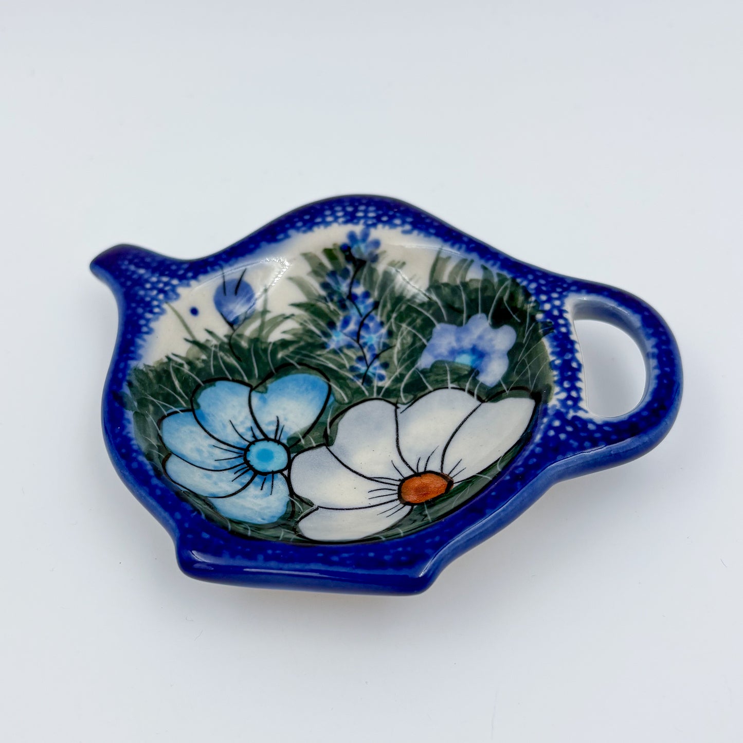 Teabag Rest Holder.  Handmade Polish pottery.  UNIKAT Forget Me Not Pansy