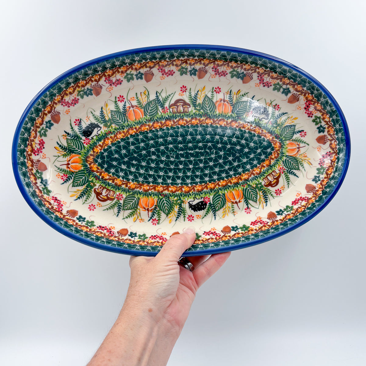 14.5" Oval Platter.  Hand crafted Polish pottery stoneware: UNIKAT Hedgehog and Pumpkins