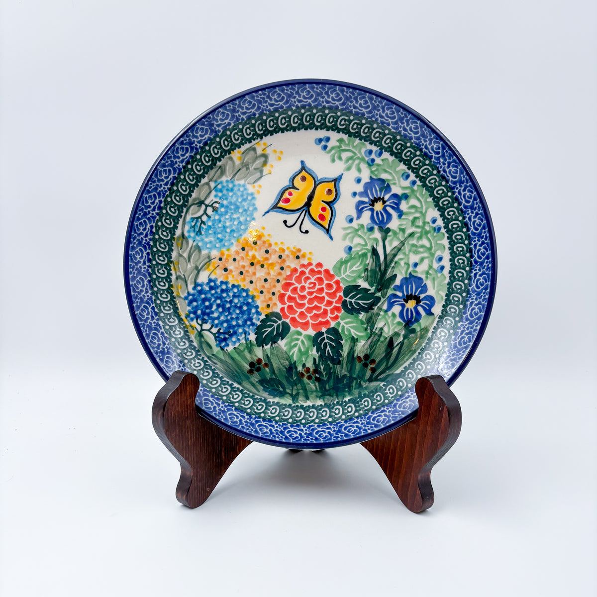 8” Plate.  Hand crafted Polish pottery stoneware: UNIKAT Spring Garden Design