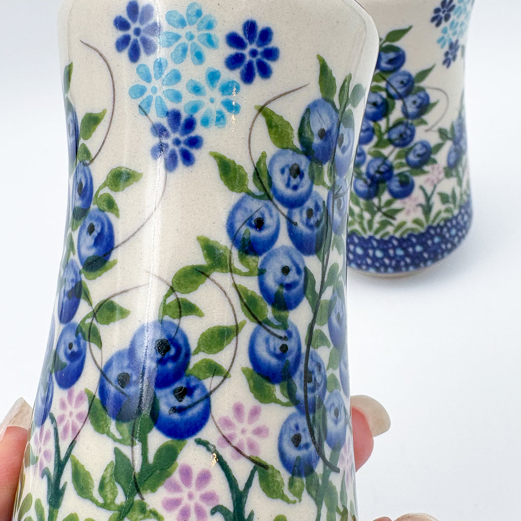5” Salt and Pepper Shakers.  Handmade Polish pottery.  UNIKAT Blueberry Bliss Design