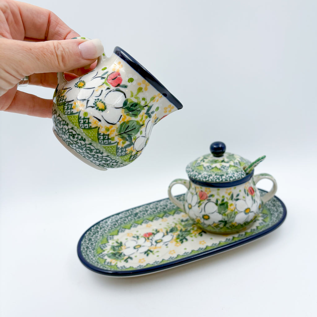 10" Cream and Sugar Set (with small spoon).  UNIKAT Hidden Pansy Design