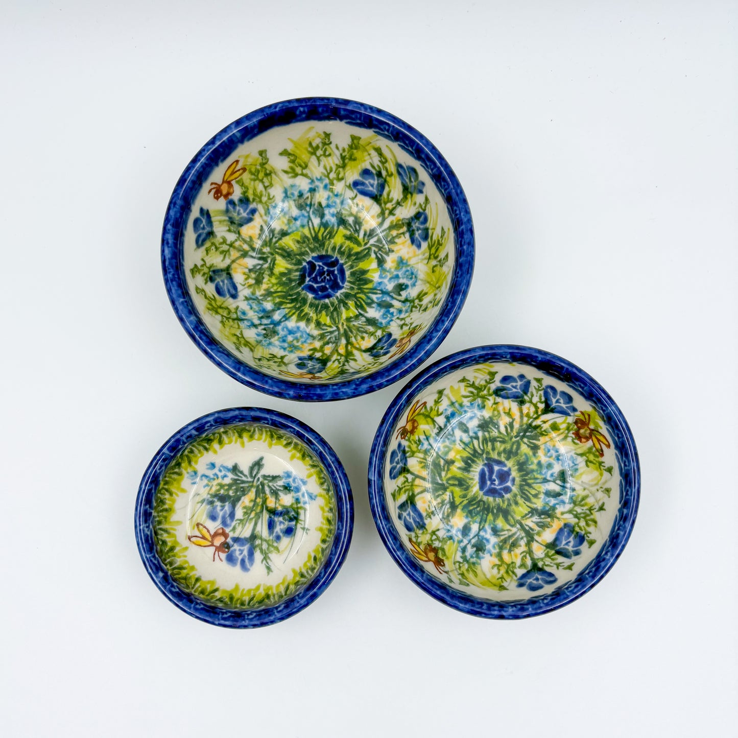 Small Set 3 stacking Bowls.  Hand crafted Polish pottery stoneware:  UNIKAT Bluebell Meadow