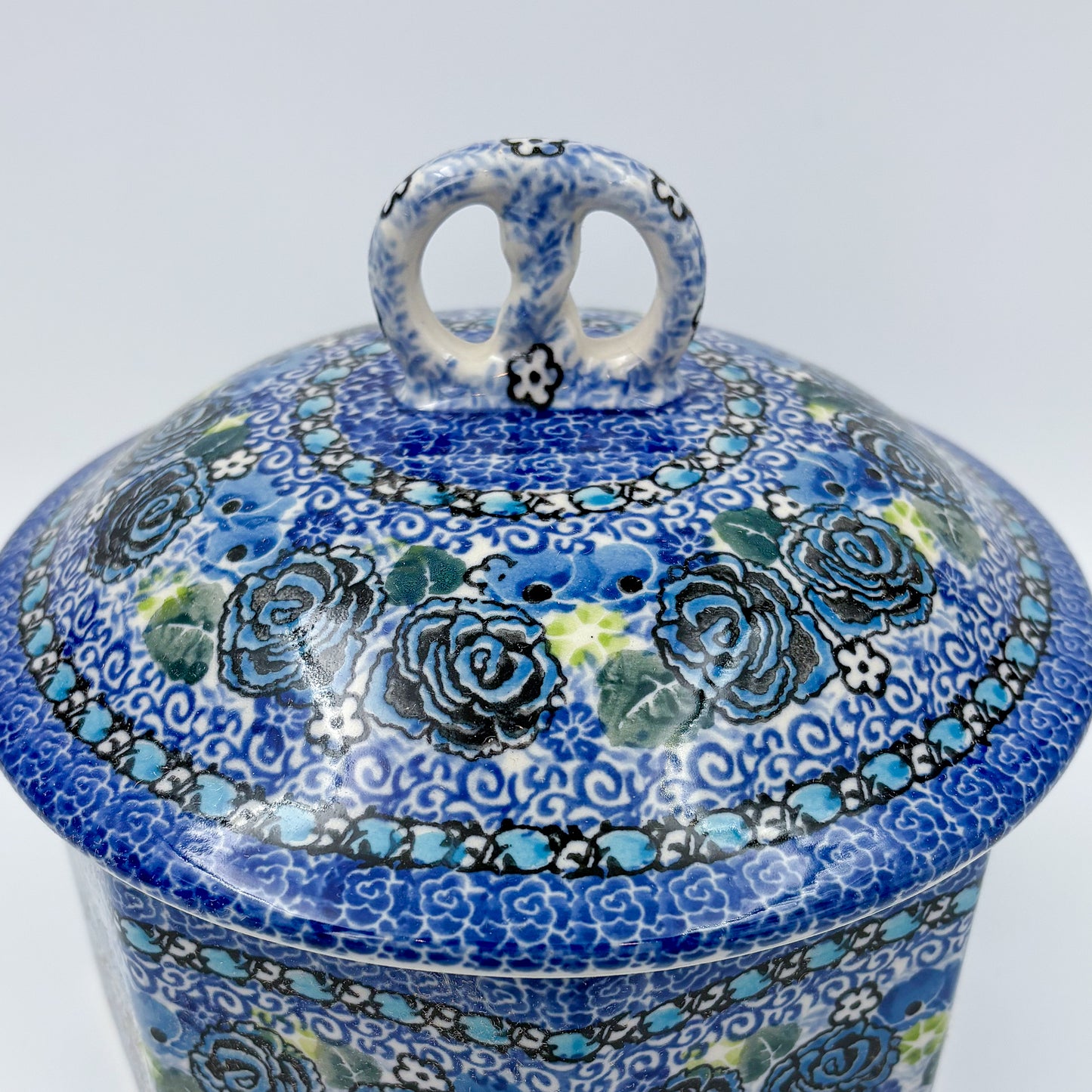 6" Pretzel Jar.  Handmade Polish pottery.  UNIKAT Garden at Midnight Design