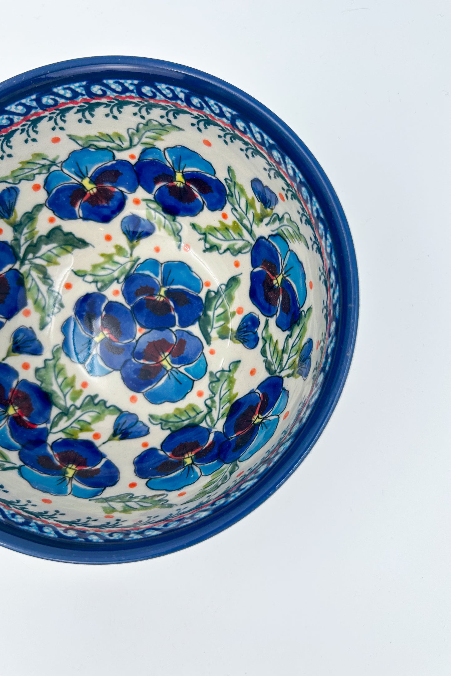 6.25” Deep Bowl.  Hand crafted Polish pottery stoneware:  Pansies In Bloom