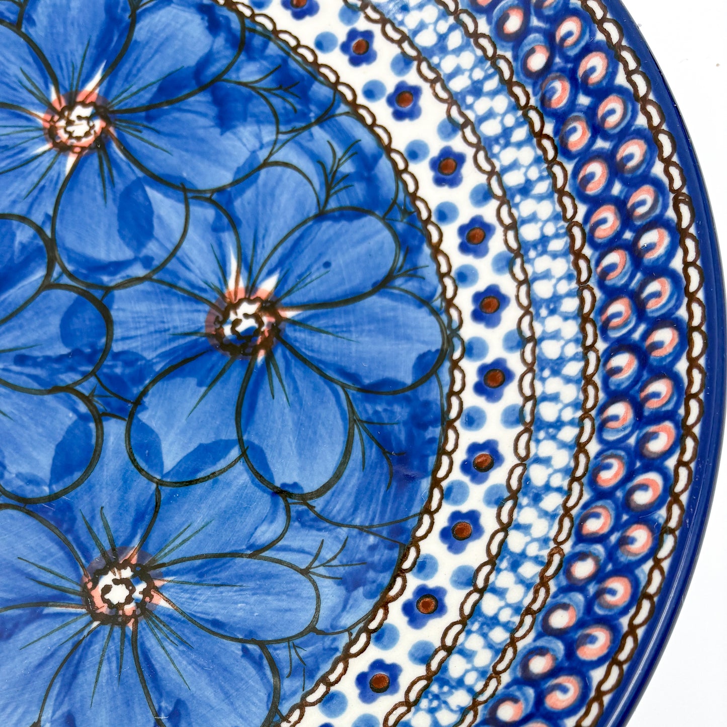 10.5” Plate.  Hand crafted Polish pottery stoneware: UNIKAT Cobalt Poppies