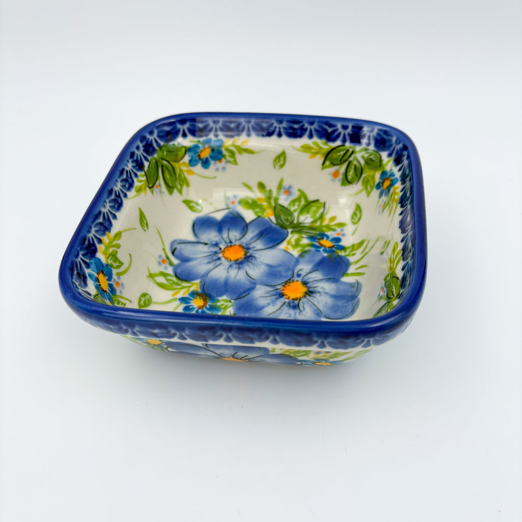 Blue Daisy square bowl, angled top-down view
