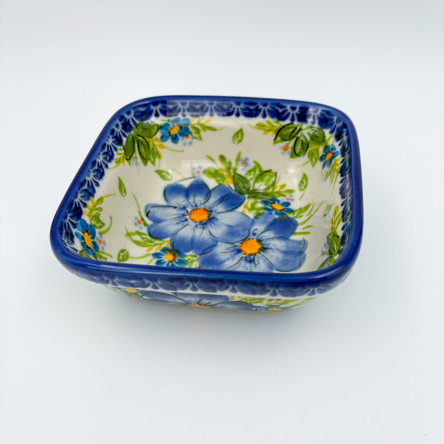 5” Square Bowl.  Hand crafted Polish pottery stoneware:   Unikat Blue Daisy
