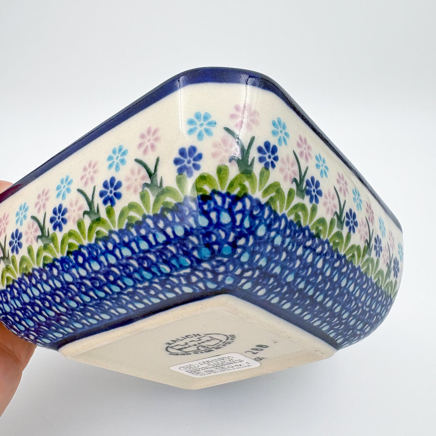 6” Square Bowl.  Hand crafted Polish pottery stoneware:   Unikat Blueberries