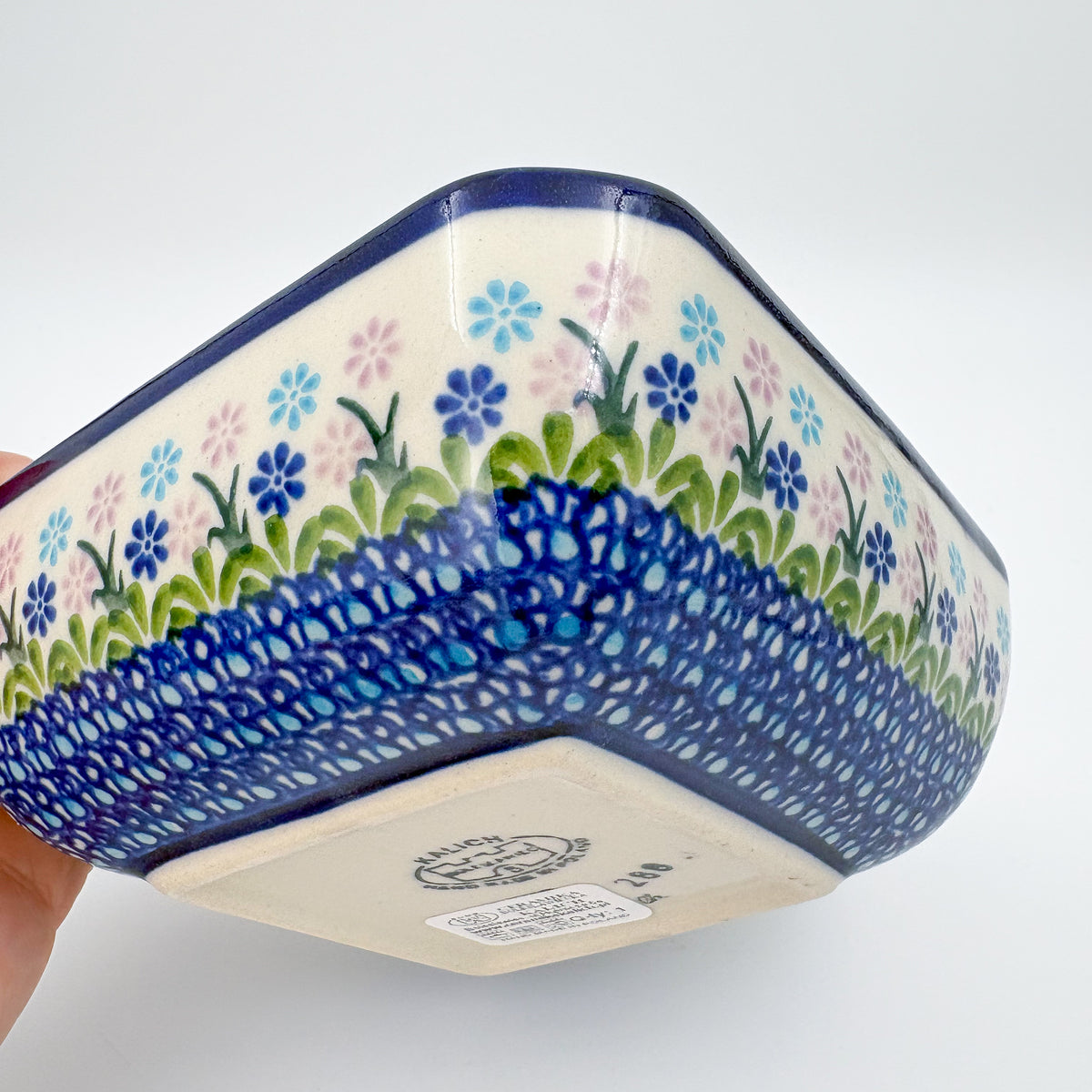Blueberries square bowl held in hand, exterior side view