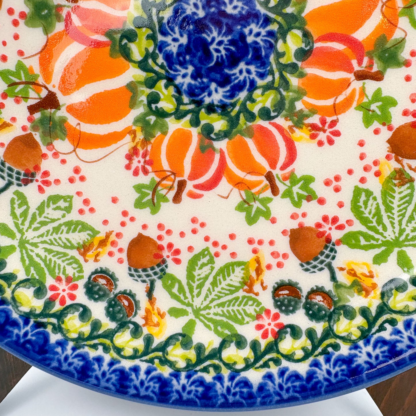 7.75” Plate.  Hand crafted Polish pottery stoneware: UNIKAT Hedgehogs and Pumpkins