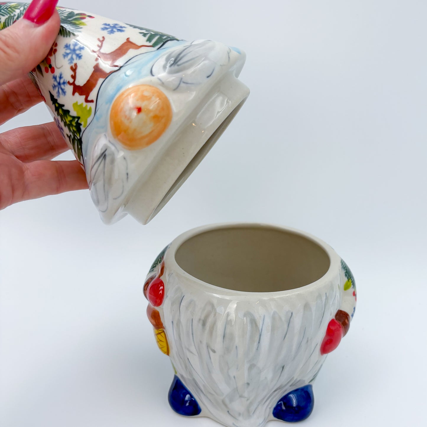 Small Gnome Cookie Jar. Handmade Polish pottery.  UNIKAT Reindeer Bliss