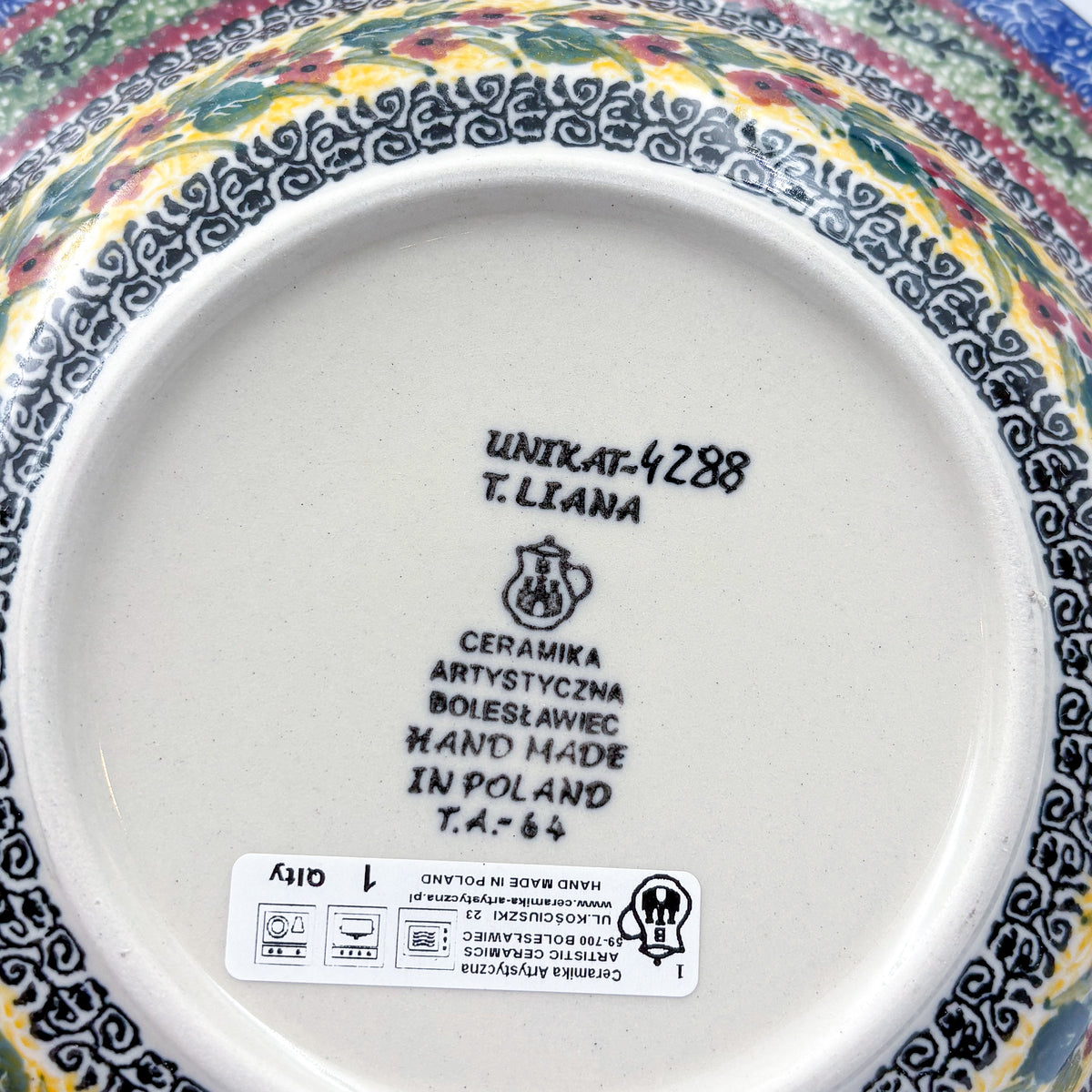 9”  Pasta Bowl.  Hand crafted Polish pottery stoneware: UNIKAT Copper Rose Meadow Design