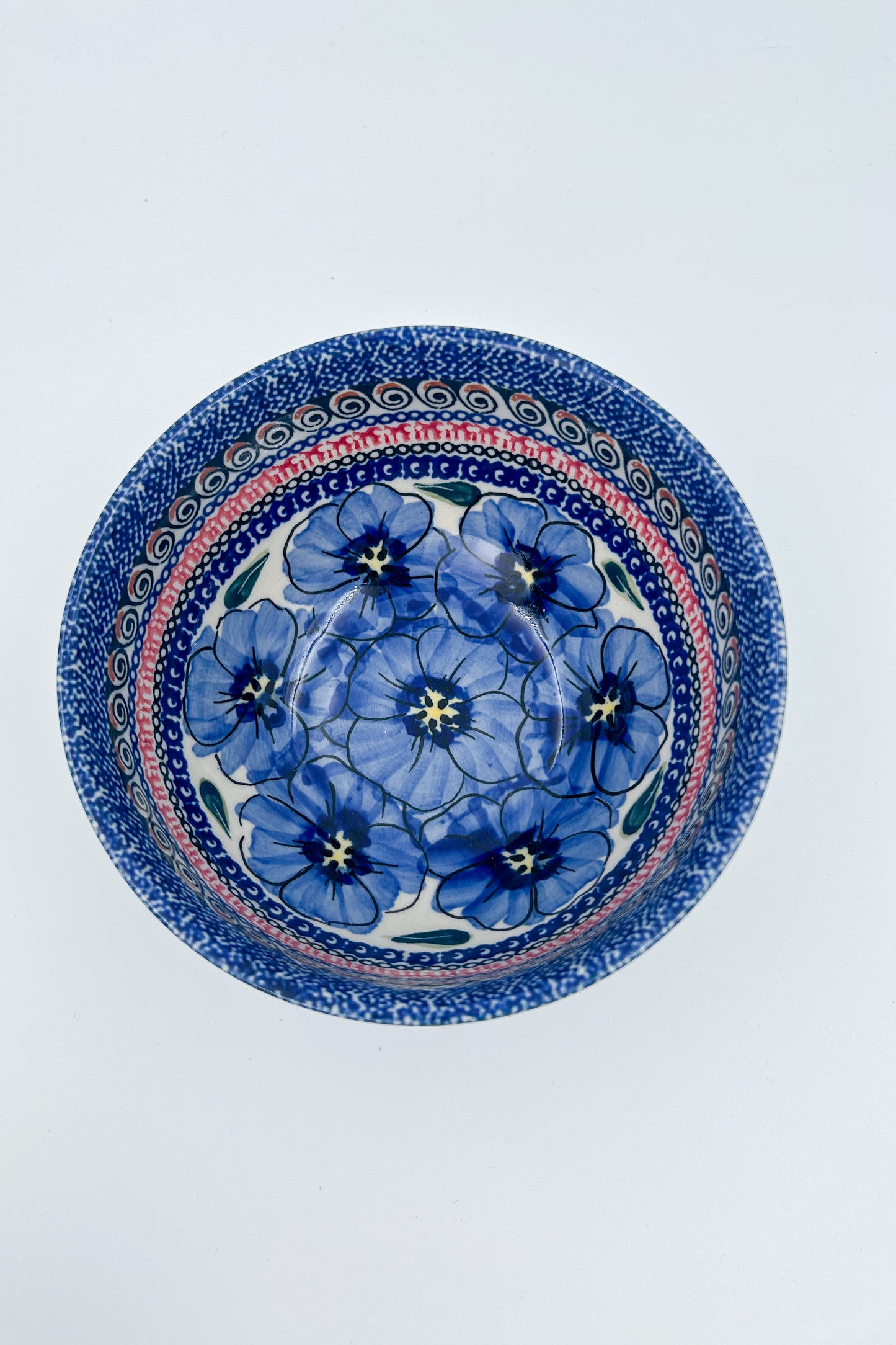 6.25” Deep Bowl.  Hand crafted Polish pottery stoneware: Bloomin Sky