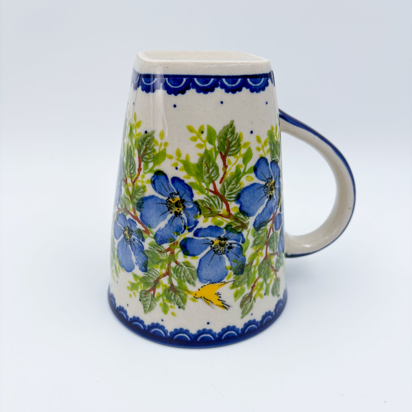 Mug XL 18oz. Handcrafted Polish pottery stoneware:  UNIKAT Blue Poppy Songbird