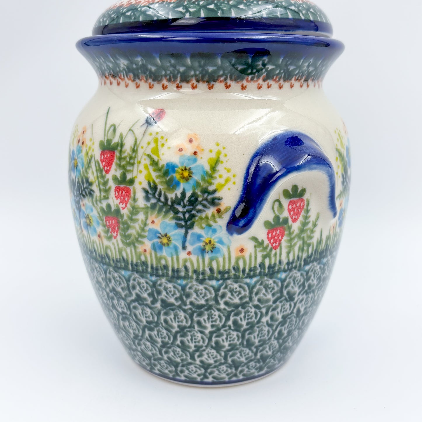 7" Lidded Jar.  Handmade Polish pottery.  UNIKAT Strawberry Fields