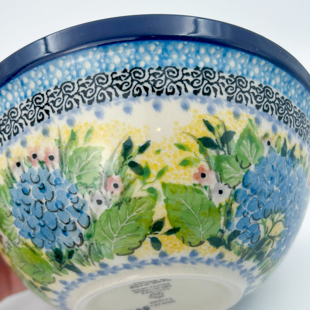 6.57” Bowl.  Hand crafted Polish pottery stoneware: UNIKAT Blue Hydrangea Pattern