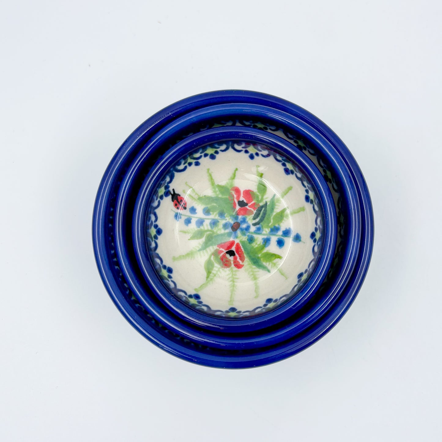 Small Set 3 stacking Bowls.  Hand crafted Polish pottery stoneware:  UNIKAT Ladybug Fields